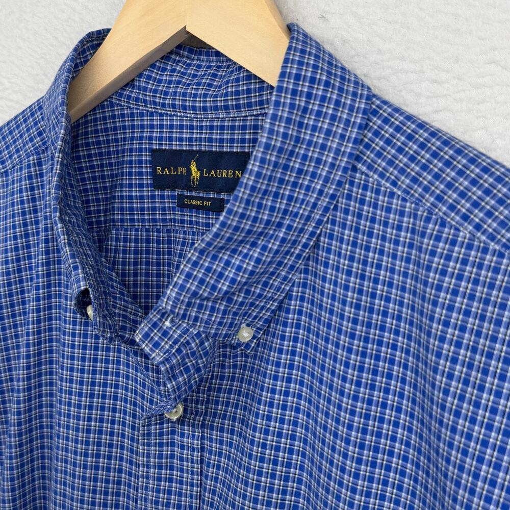RALPH LAUREN Shirt Mens 3XB Big Classic Fit Plaid Button Up Woven Cotton Blue